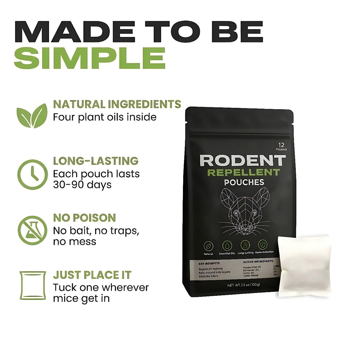 Four plant oils, 30–90 days per pouch, no poison, easy to place