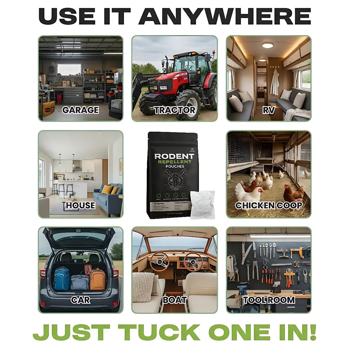 Use the pouches in a garage, tractor, RV, house, chicken coop, car, boat or tool room